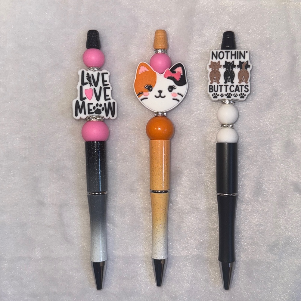 3 piece- cat themed handcrafted beaded pens set.